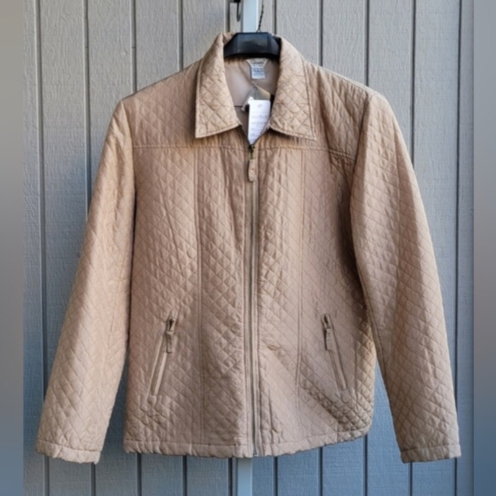 Washable Silk Diamond-Quilted Collared Lightweight Jacket ~flaw~ Beige NE…
